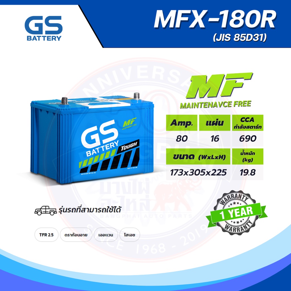 แบตเตอรี่ GS MFX-180R (MF:MFX) 80Amp. (JIS 85D31)