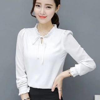 Kemeja perempuan เสื้อชีฟอง พลัสไซซ์ สีขาว ผูกโบว์ สําหรับผู้หญิง