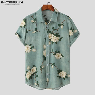 Incerun เสื้อเชิ้ตลําลอง แขนสั้น ผ้าฝ้าย พิมพ์ลายดอกไม้ สไตล์วินเทจ สําหรับผู้ชาย