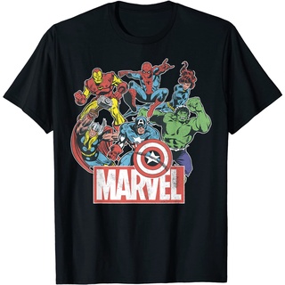 แขนสั้นcrew neckเสื้อยืด พิมพ์ลายกราฟฟิค Marvel Avengers Team สไตล์วินเทจเรโทรS-XXXXL