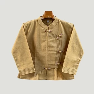 เสื้อผ้าฝ้าย ผู้หญิงคอจีนไทลื้อป้ายกระดุมตะกร้อด้นด้ายสี เดินเส้นโดดเด่น ทรงเข้ารูปสวยแขนสามส่วนแนวล้านนาประยุกต์