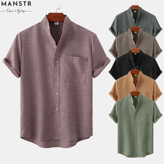 เสื้อเชิ้ตแขนสั้น ผ้าฝ้าย และผ้าลินิน มีกระเป๋า สีดํา สีแดง สีน้ําตาล สีเขียวอ่อน สีกากี แฟชั่นฤดูร้อน 2022