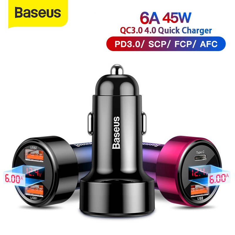 Baseus Car Charger 45W Dual USB Type C Mobile Phone Charger Metal Car Charging QC3.0 4.0 Quick Charge