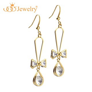 555jewelry ต่างหูห้อยแฟชั่น รูปโบว์และหยดน้ำ ตกแต่งเพชร CZ รุ่น MNC-BER151 - ต่างหูสวยๆ ต่างหูแฟชั่นสวยๆ (BER1)