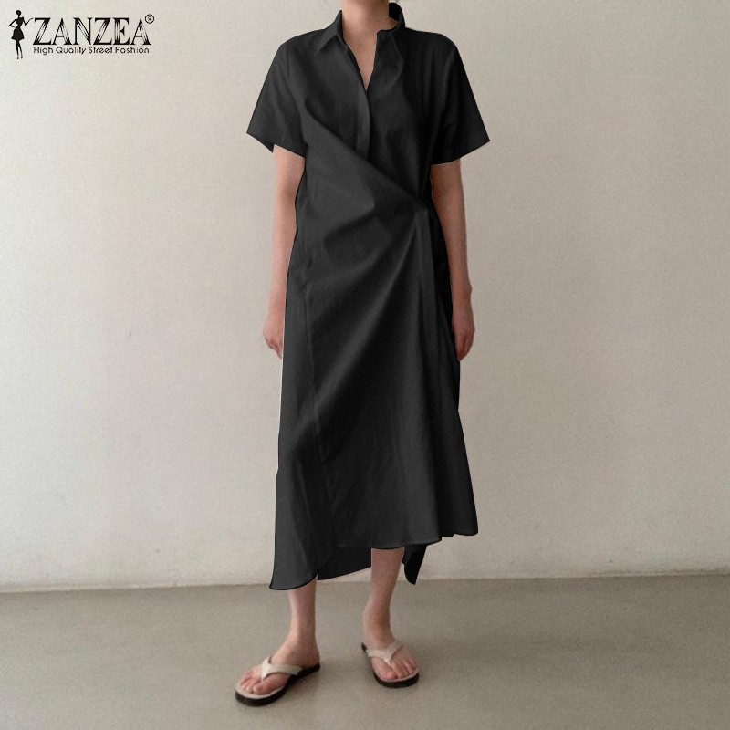 Zanzea Korean Style Womens Cotton Long Maxi Shirt Dress Loose Asymmetric Solid Dresses