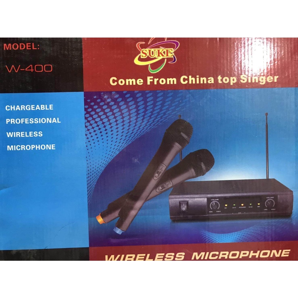 โครโฟนไร้สาย VHF รุ่น W400 ฟรี ถ่าน 2A สีดำ 4ก้อน สายสัญญาณเสียง