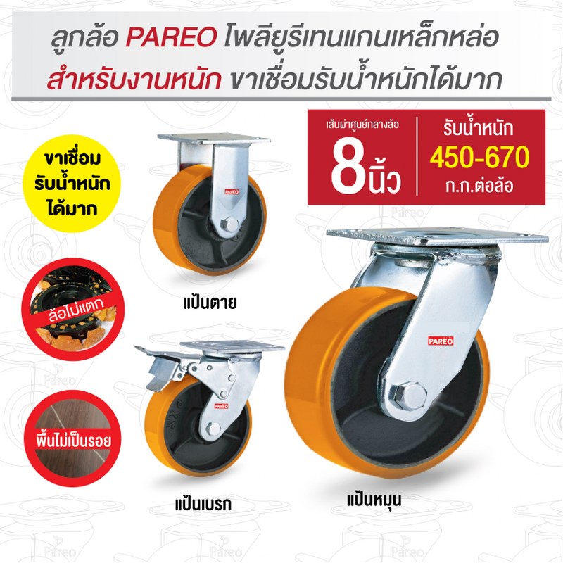 ลูกล้อ8นิ้ว (200มม.) ล้อโพลียูรีเทนแกนเหล็กหล่อ ล้อยูรีเทน ล้อไม่แตก ล้อขาเชื่อม ล้อสำหรับงานหนัก รับน้ำหนัก 450-670 กก.
