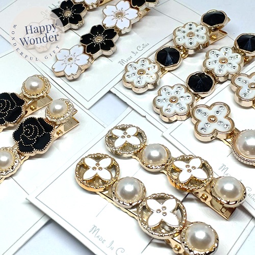 2ชิ้น กิ๊บหนีบผมคู่ 24 แบบ ลายดอกไม้ สีทอง มุก ประดับเพชร หรูหรา สไตล์เกาหลี