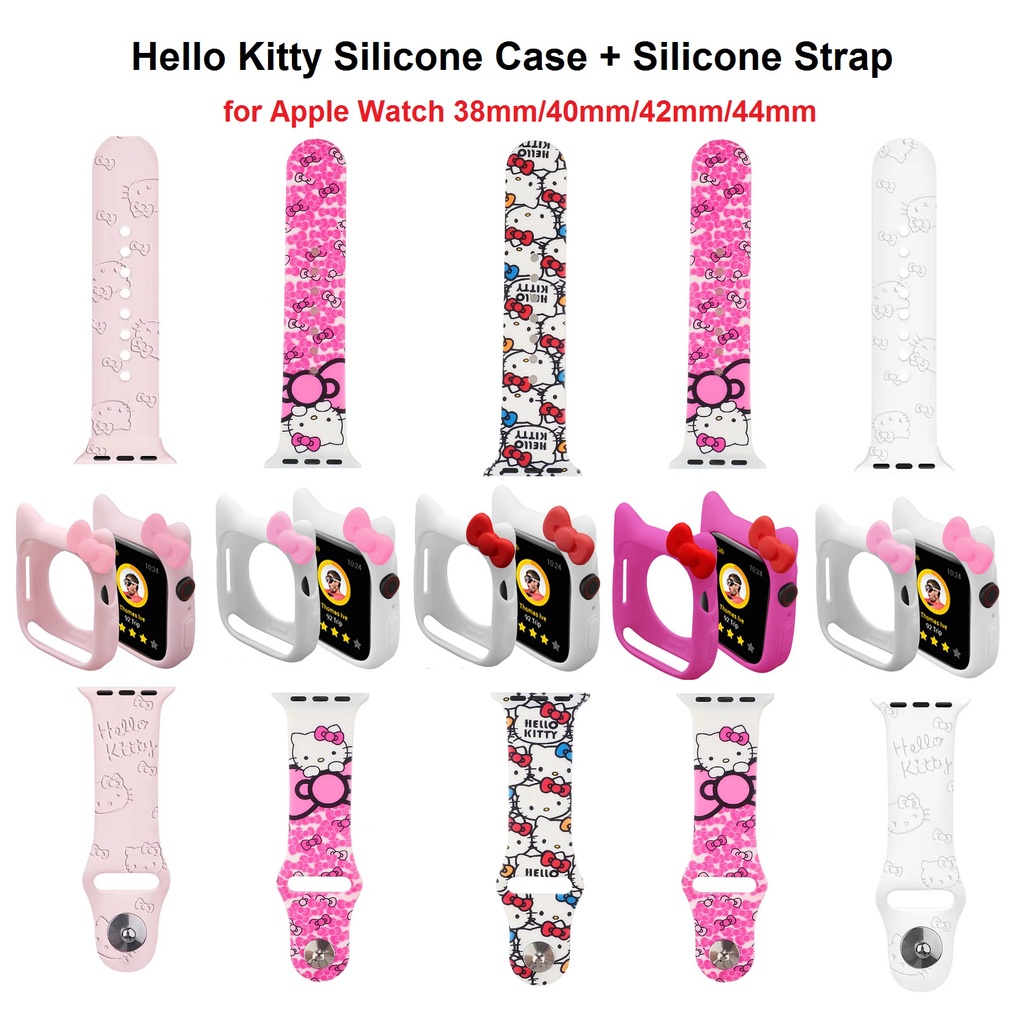 【2 In 1】สายนาฬิกาข้อมือซิลิโคน ลายการ์ตูน Hello Kitty สําหรับ Apple Watch Series 6 SE 5 4 3 2 1