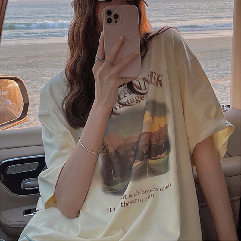เสื้อ Oversize เสื้อยืด เสื้อผ้าผู้หญิงน่ารัก​ สีครีม M-3XL
