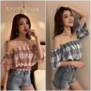 KAPAN 🌸พร้อมส่ง🌸 เสื้อปาดไหล่ ลายสก็อต มี2สี ชมพู,ฟ้า ฟรีไซส์ ผ้าคุณภาพดี น่ารักสุดๆ KP145