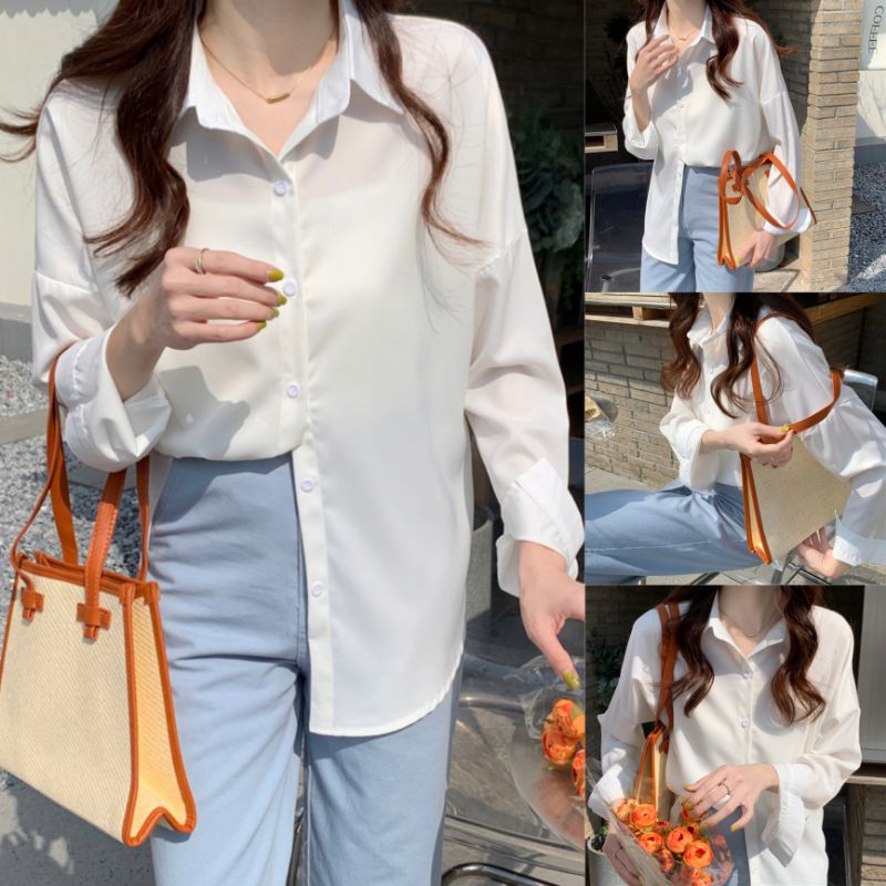 💥KT01 เสื้อเชิ้ตผู้หญิงสีขาว ใส่เที่ยว ใส่ทำงาน เสื้อเชิ้ตคอปกเขนยาว ผ้าไหมอิตาลี เนื้อผ้าไม่หนาไม่บางมาก สวมใส่สบาย