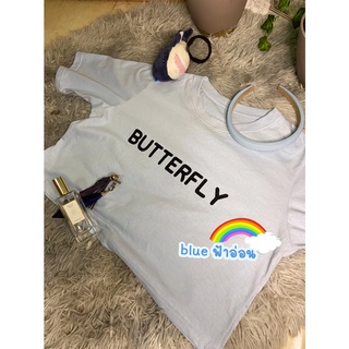 (ลด 50 ใส่โค้ด UNICBTF) Butterfly เสื้อยืด เสื้อครอปคอกลมทรงoversize (สีฟ้า - Blue - ลายสรีนกลิตเตอร์สีดำ) พร้อมส่ง