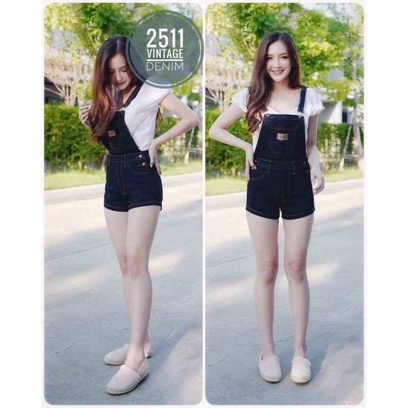 ชุดเอี้ยมยีนส์ผู้หญิงขาสั้นสุดเก๋ สีดำกรม ผ้ายืด เอี้ยมยีนส์แฟชั่น งานป้าย2511 vintage denim