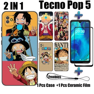 2 IN 1 เคส One Piece พร้อมกระจกนิรภัย สําหรับ Tecno Pop 5 เคสโทรศัพท์ และตัวป้องกันหน้าจอเซรามิค แบบโค้ง