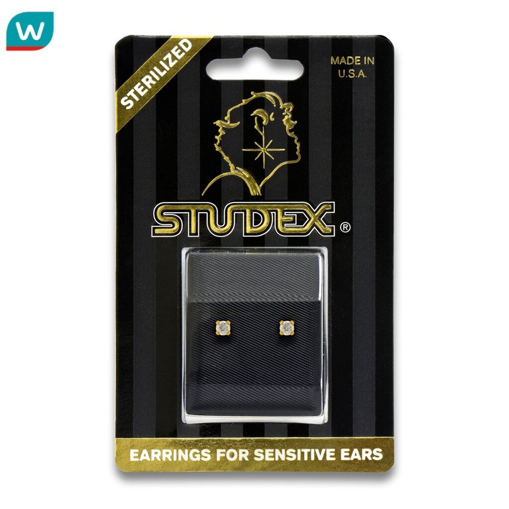 Studex สตั๊ดเด็กซ์ เซนซิทีฟ สเตอริไลส์ ต่างหู สำหรับผิวแพ้ง่าย ทองชุบ 3มม คิวบิค เซอโคเนีย