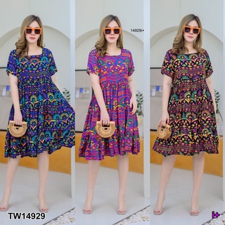 KT14929 Dress #สาวอวบ เดรสสั้น คอเหลี่ยม แขนสั้น แต่งรูดระบาย 2 ชั้น