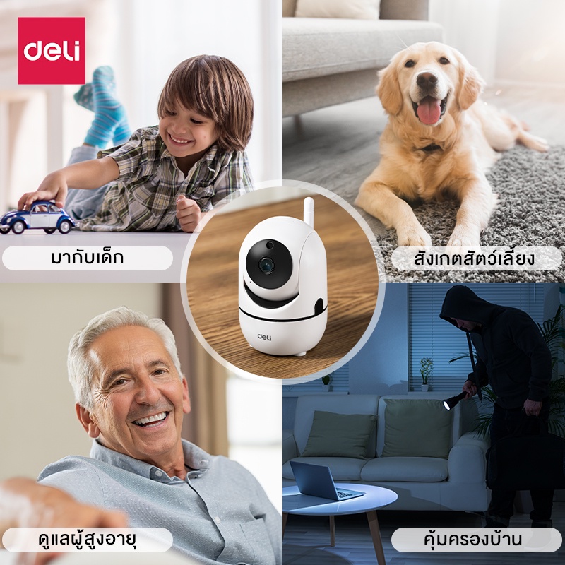 Deli กล้องวงจรปิดไร้สาย กล้องวงจรปิด wifi สามารถวางราบและคว่ำได้ ใส่ ...