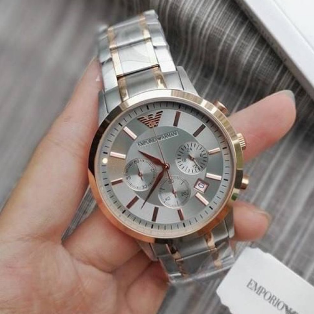 (ผ่อน0%) นาฬิกา สแตนเลส ทูโทน EMPORIO ARMANI Renato - Chronograph Silver Dial Men's Watch. AR11077 43mm คาดโรส