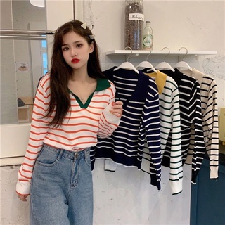 🌈พร้อมส่ง🌈เสื้อยืดแขนยาวคอปกตัวยูลายทาง ผ้ายืดได้เยอะมาก (9901)