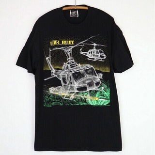 Tee เสื้อยืดวินเทจ 1990 Uh1 Huey เฮลิคอปเตอร์ขนาดใหญ่สีดํา ออกแบบเฉพาะแขนสั้น แขนสั้นคู่รัก