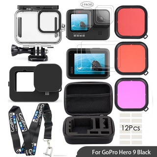 เคสกล้อง Gopro hero 10 9 เคสกันน้ํา + เคสซิลิโคน + ฟิลเตอร์สามสี + ฟิล์มนิรภัย + ตัวใส่หมอก + กระเป๋าเก็บของ