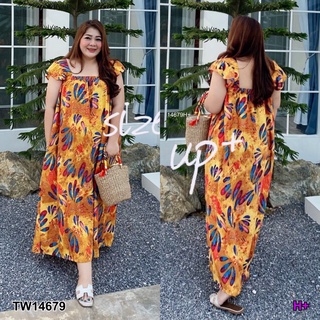 TW14679 Maxi Dress #BigSize เดรสยาว คอเหลี่ยมสม็อกอก แขนระบาย เนื้อผ้าสปันลายกราฟฟิก มีกระเป๋า2ข้าง summerนี้ห้ามพลาด