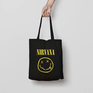 Nirvana กระเป๋าโท้ท ผ้าแคนวาส ทรงโท้ท มีซิป สีดํา สไตล์วินเทจ สําหรับผู้ชาย และผู้หญิง