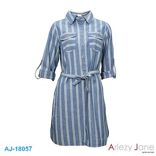 Ariezy Jane AJ-18057 ชุดกระโปรงยีนส์ลายริ้วปกเชิ้ตแขนยาวเอวผูกเชือก