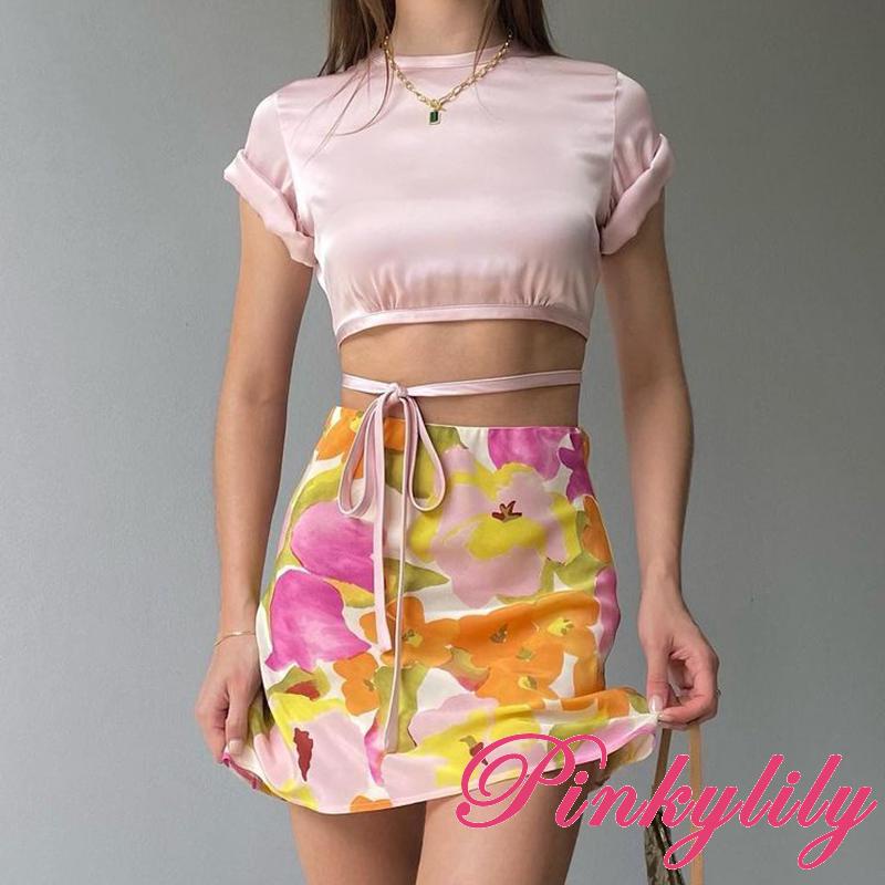 (จัดส่งในกรุงเทพฯ)Pink -Mesh Mini Skirts  ผู้หญิงแฟชั่นสบาย ๆ A กระโปรงวินเทจพิมพ์เอวสูงชายหาดตาข่ายมินิกระโปรง