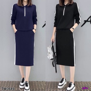Set เสื้อคอซิปแต่งแถบ+กระโปรง TW3689