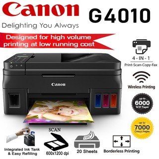 เครื่องปริ้น แท็งก์แท้ มัลติฟังก์ชั่นอิงค์เจ็ท Canon Pixma G4010 พร้อมเติมหมึก พรีเมี่ยม