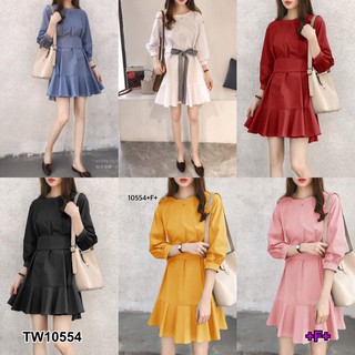 SS10554 Dress เดรส แขนศอกตุ๊กตา สายผูกลายริ้ว