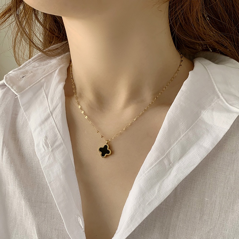 สร้อยคอไทเทเนียม เหล็กสเตนเลส ชุบทอง 18k จี้ใบโคลเวอร์สี่แฉก เครื่องประดับแฟชั่น สไตล์เกาหลี