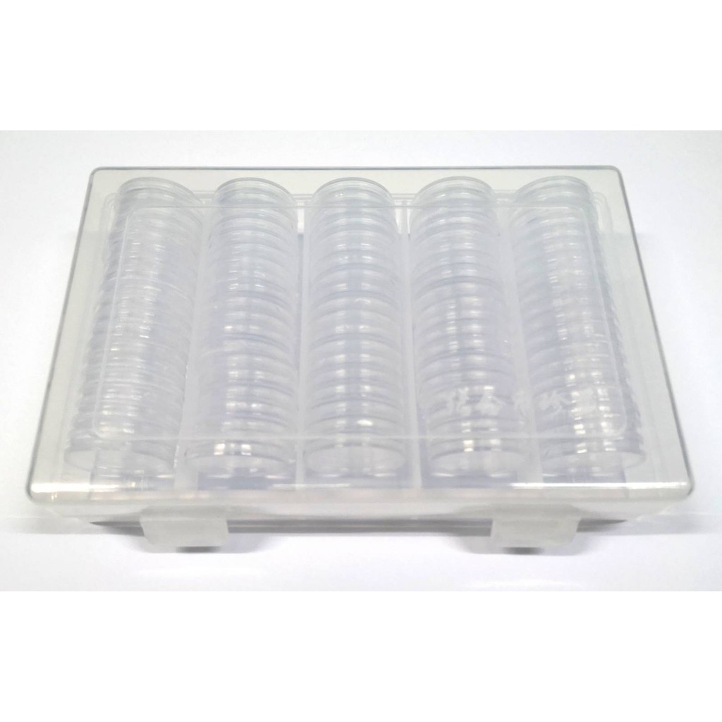 ตลับใส่เหรียญ 26 มม. พร้อมกล่อง 100 ชิ้น ใส่เหรียญ 10 บาท สองสี