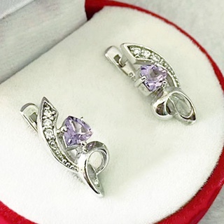 Q6419 ต่างหูพลอยอเมทิสต์แท้ ( Amethyst ) แบบอิงลิชล็อค ตัวเรือนเงินแท้ 925 ชุบทองคำขาว