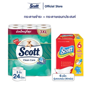 [คุ้มกว่า] สก๊อตต์ คลีนแคร์ 3XL 24 ม้วน + กระดาษอเนกประสงค์ แบบแผ่น 90 แผ่น 6 แพ็ค