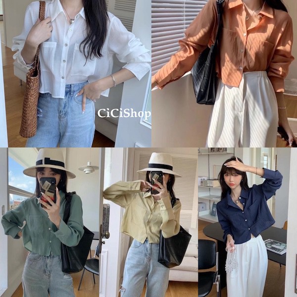 Cicishop(9023)เสื้อเชิ้ตครอป แต่งกระเป๋าตรงอกผ้านิ่มใส่สบาย ใส่แมทช์กับยีนส์หรือขาสั้นแบบชิคๆ