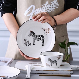  Tableware ชุดจานชาม ชุดจานชามเซรามิค ลายนกแก้ว-ม้าลาย ชามลายเซรามิก จานลายเซรามิคกระเบื้อง 1เซ็ตมี 10ชิ้น