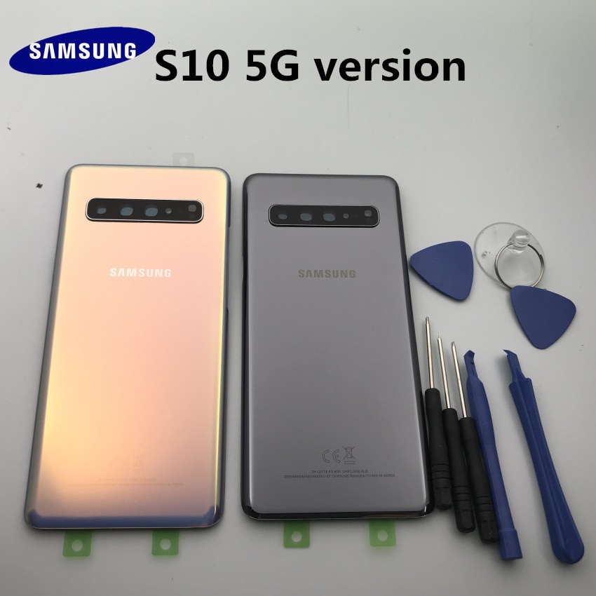 แก้ว Samsung Galaxy S10 G977 G977F 5G Versio ฝาหลังแบตเตอรี่ประตูด้านหลังกรณี + กาว Sticke + เครื่องมือ