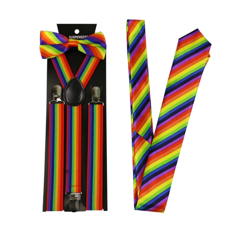 สายเอี๊ยม เนคไท หูกระต่าย โบว์ สายรัดกางเกง ยางยืด สีรุ้ง Rainbow LGBT Pride Suspender Necktie Bow Belt Y Strap Set of 3