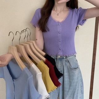 lune 3782เสื้อครอปแขนสั้น คอกลมหยัก สวยเก๋ น่ารัก ครอปน่ารัก