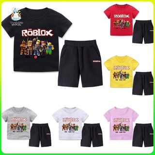 【มีสินค้า】ชุดเสื้อยืดแขนสั้น กางเกงขาสั้น ผ้าฝ้าย พิมพ์ลายการ์ตูน Roblox น่ารัก สําหรับเด็กผู้ชาย และเด็กผู้หญิง สองชิ้น