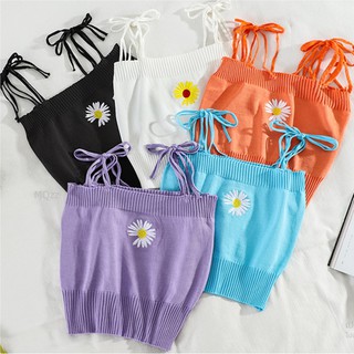 MQzz4289🌼ใหม่🌼{พร้อมส่ง} เสื้อสายเดี่ยวผูกได้ ลายดอกเดซี่  เอวจั๊ม Free Size