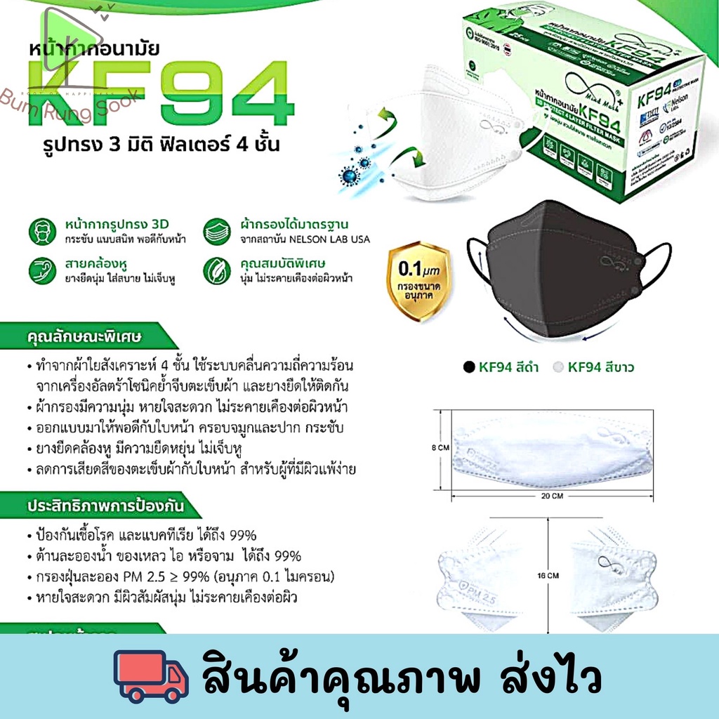 หน้ากากอนามัยทางการแพทย์ Mind Mask KF94 ทรง 3D กรอง 4 ชั้น สีขาว สีดำ ป้องกันเชื้อโรค แบคทีเรีย และฝ