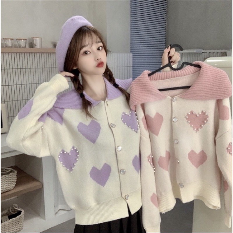 Dzai เสื้อคลุมไหมพรม ดีไซน์คอปก ทอลายหัวใจล้อมมุกสวยๆเลยค่า