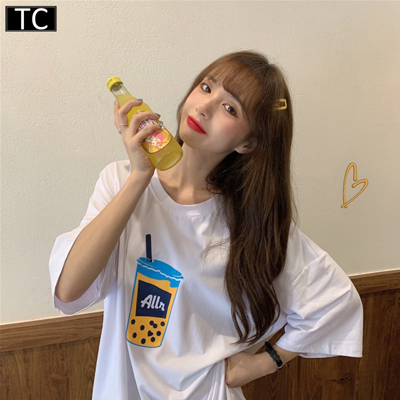 TC เสื้อยืดแฟชั่นผู้หญิงins คอกลมแขนสั้น ทรงหลวมสายเก๋ สไตล์เกาหลี รุ่นD067