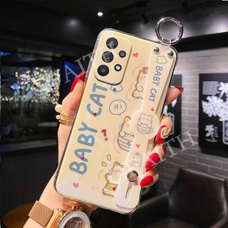 2021 New เคสโทรศัพท์ Samsung Galaxy A72 A52 A32 A02S A02 A12 M12 M02 Note 20 Ultra Note 10 10+ Pro Plus 9 5G 4G Soft Phone Casing ins Glitter Rhinestone Cartoon Cute Cat Animal Bling Cover with Wristband Case