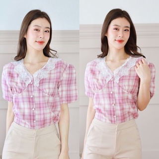 (L11) เสื้อแขนบัลลูน แต่งปกลุกไม้ ผ้าผ้ายลายสก็อตเนื้อนิ่ม
