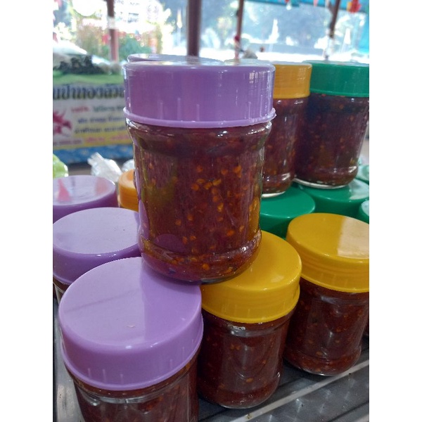 น้ำพริกเผาตาแดงปลาย่าง (ฝาม่วง)(วัดพิกุลทอง จ.สิงห์บุรี)